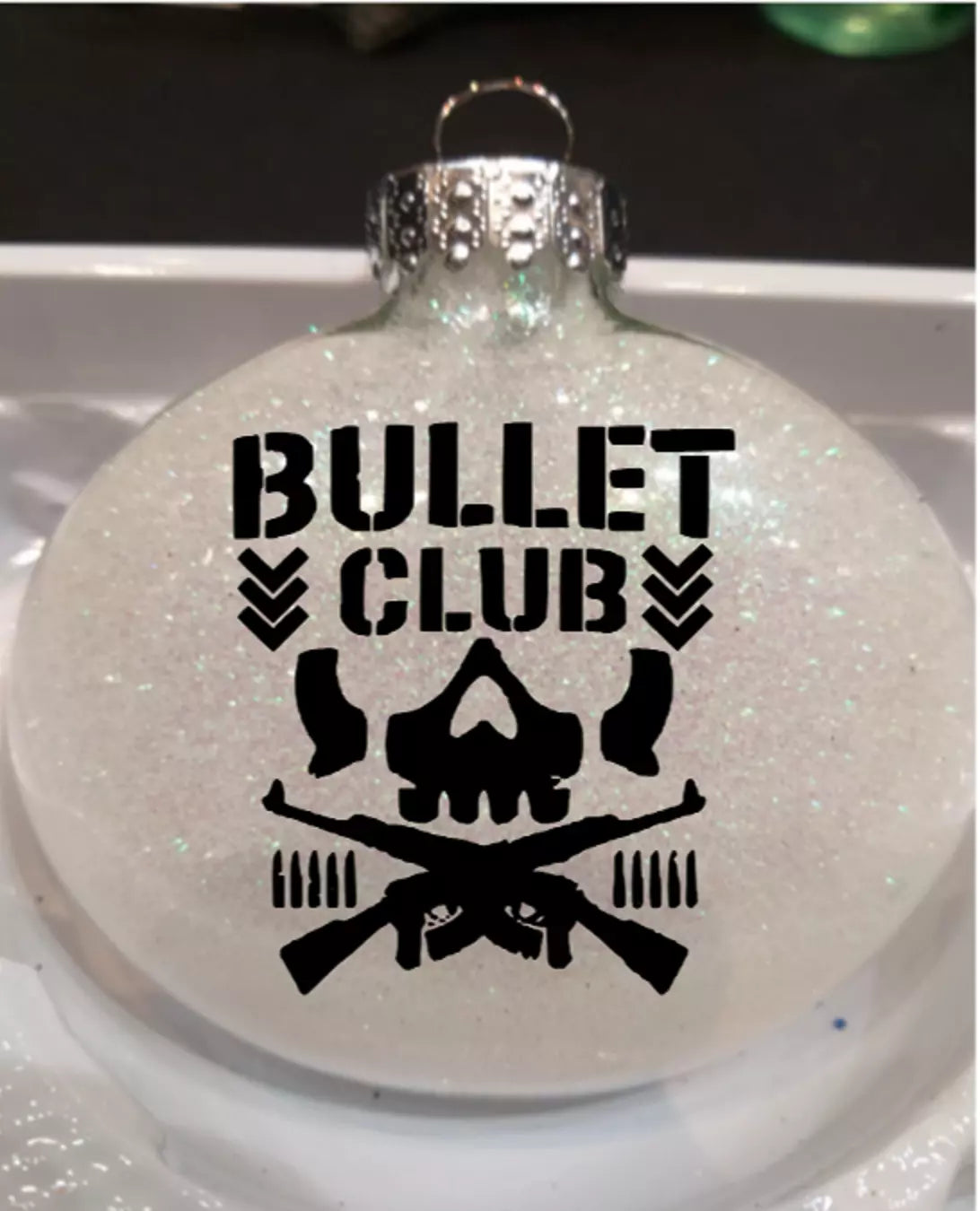 Bullet Club Japan Pro Wrestling White Glitter Christmas Ornament Shatterproof