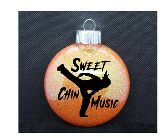 Sweet Chin Music Shawn Michaels HBK Wrestling Orange Glitter Christmas Ornament Shatterproof