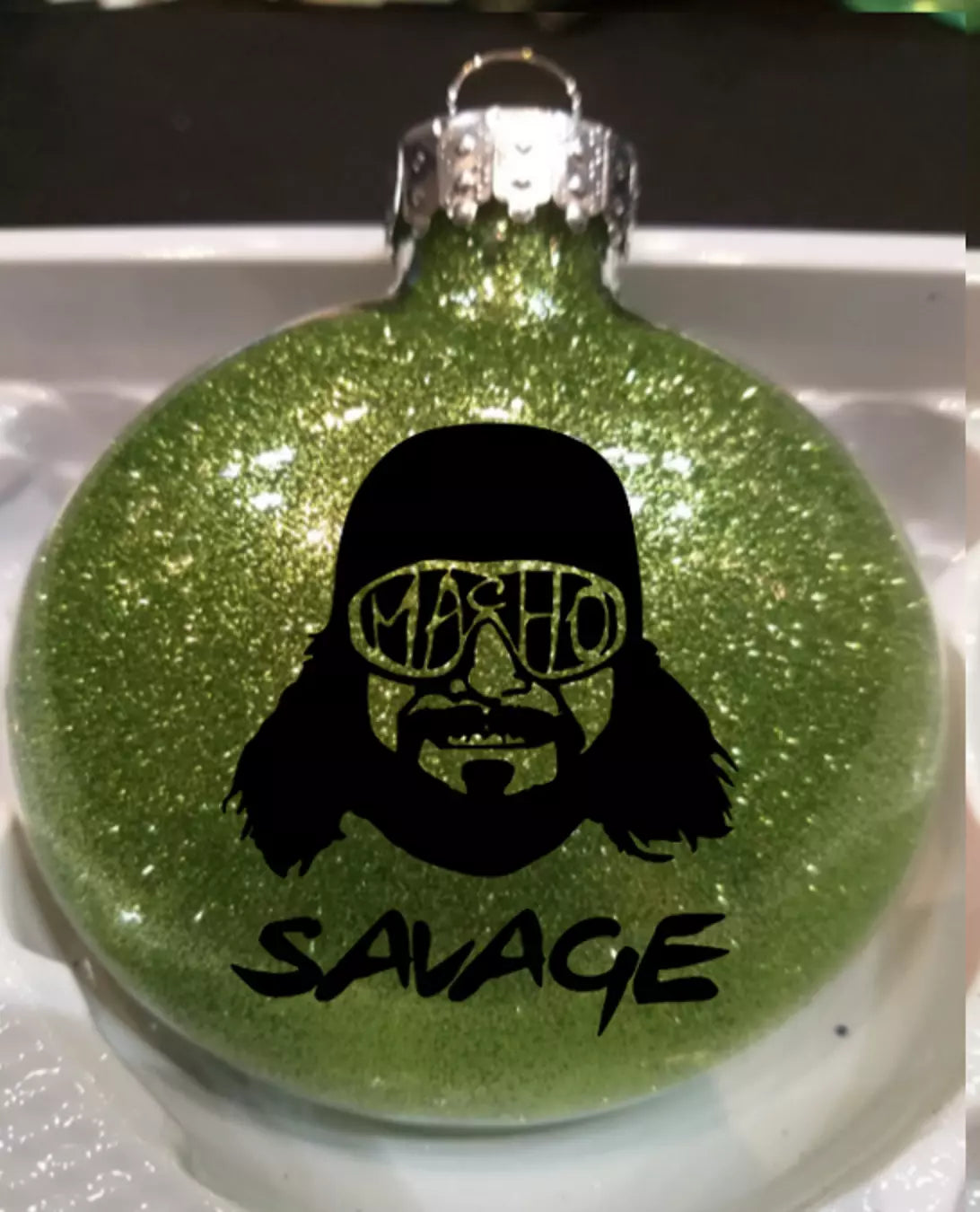 Macho Man Randy Savage Wrestling Lime Glitter Christmas Ornament Shatterproof